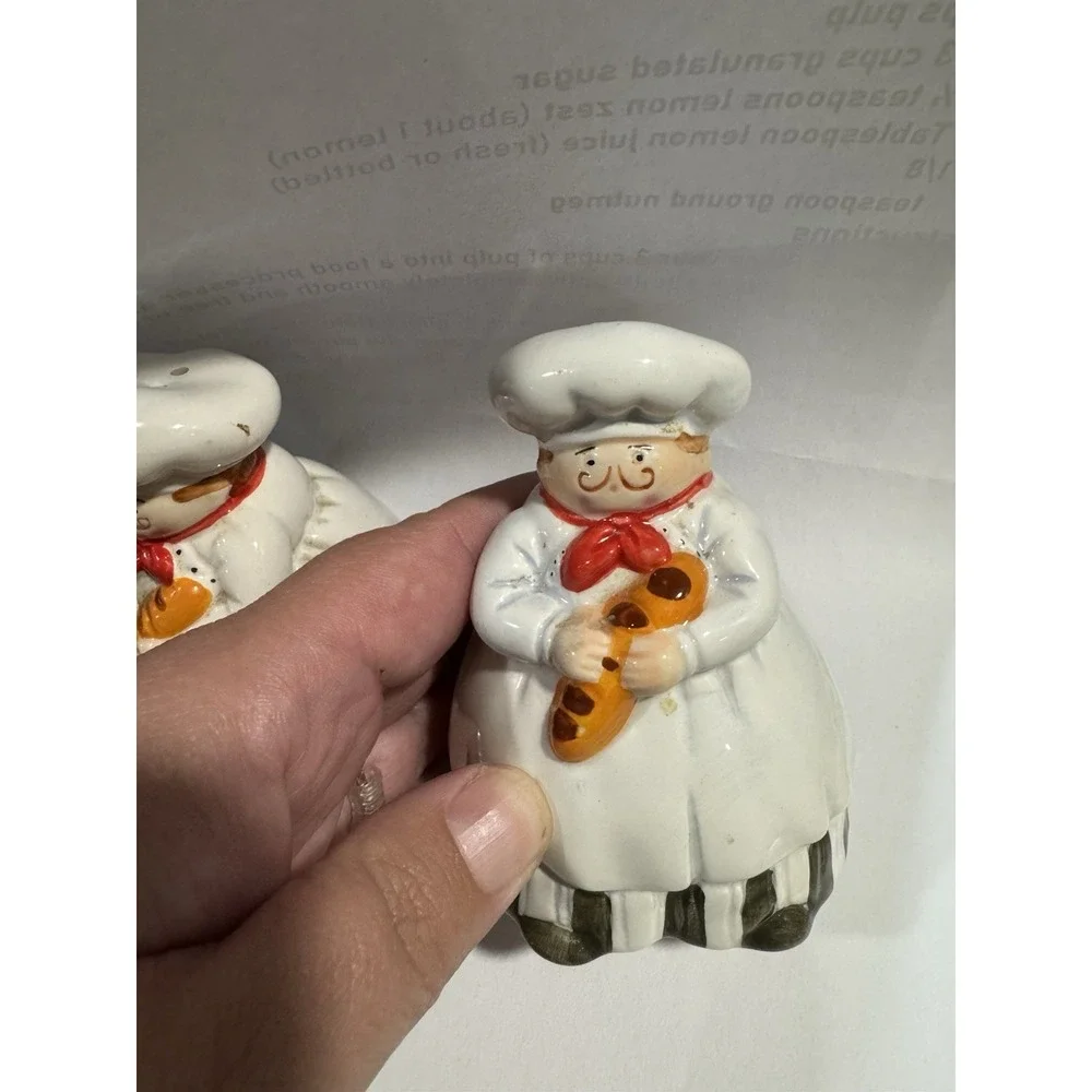 Vintage Ceramic Chef Salt and Pepper Shakers Set French Bistro Baker Baguette